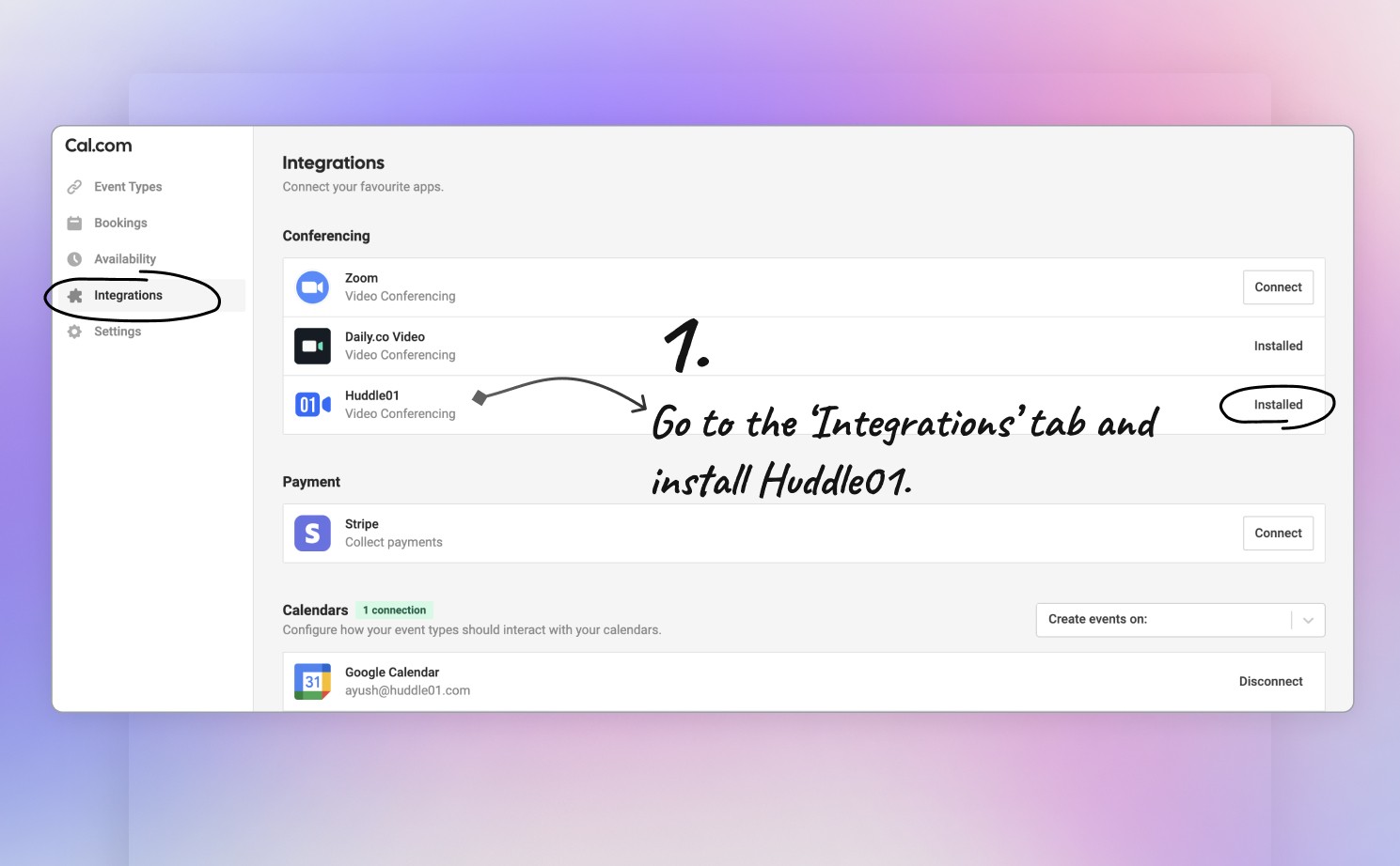 Cal.com integrations page installing Huddle01