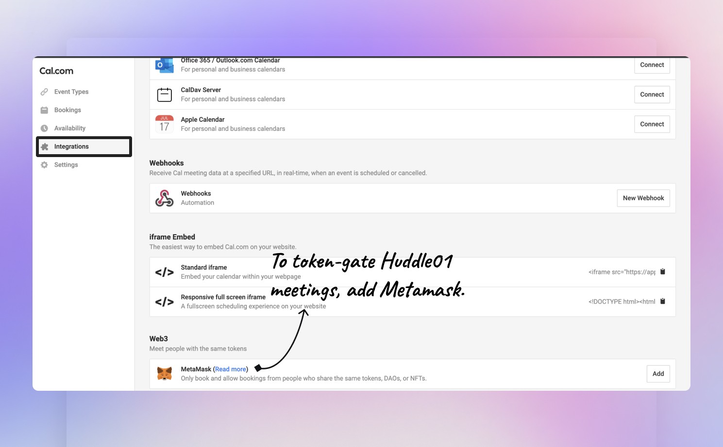 Cal.com integrations page with MetaMask option