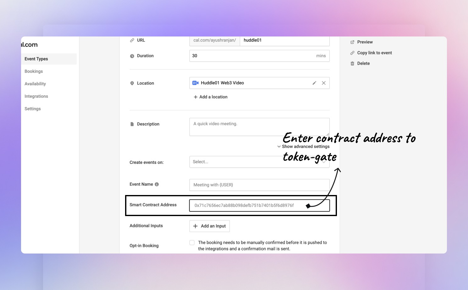Cal.com event type smart contract token-gating field