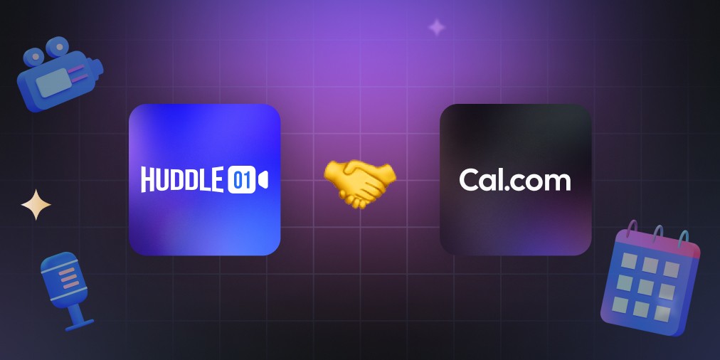 Huddle01 and Cal.com partnership graphic with handshake icon