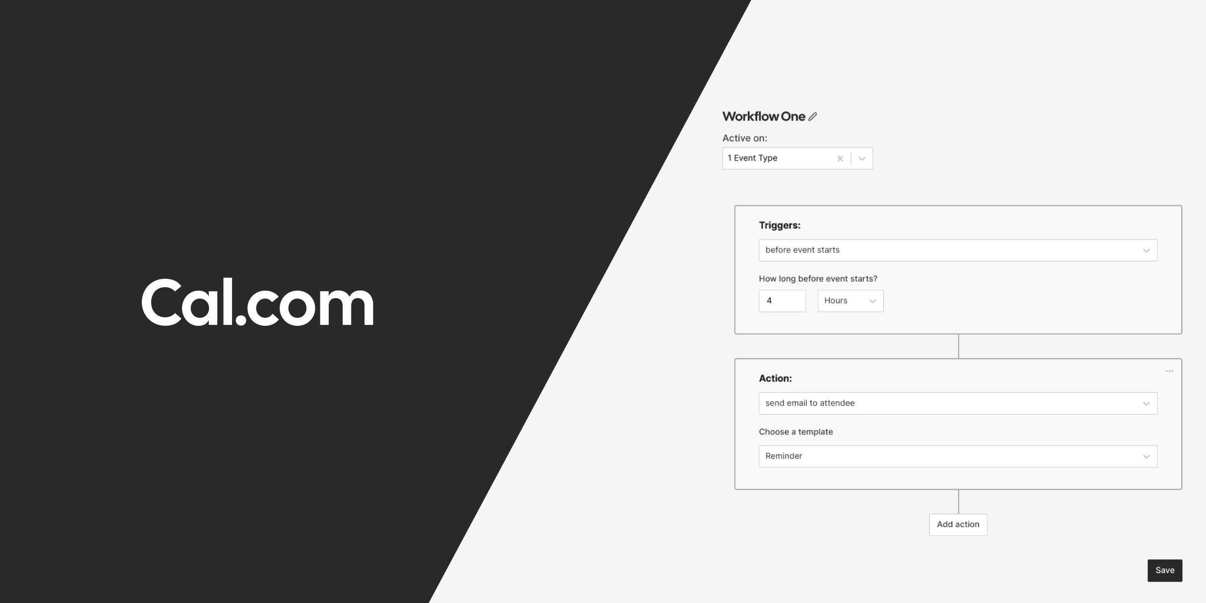 Cal.com workflow editor with trigger and action panels