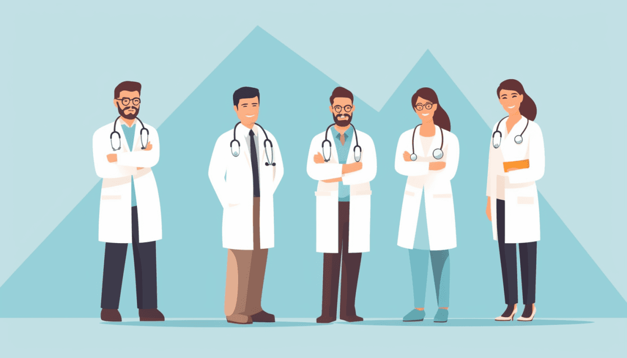 Illustration of five doctors standing together