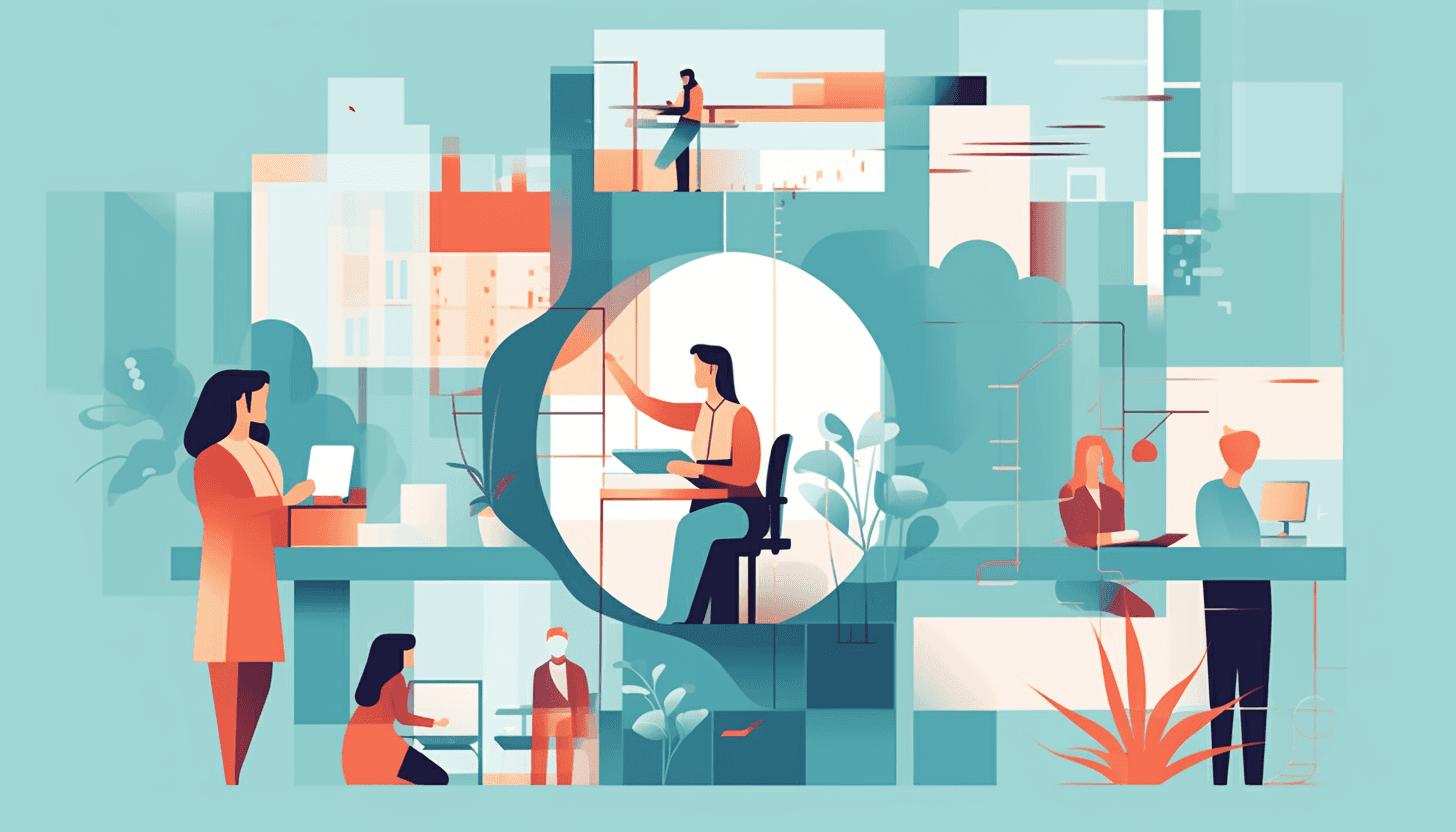 Abstract illustration of office workers and buildings