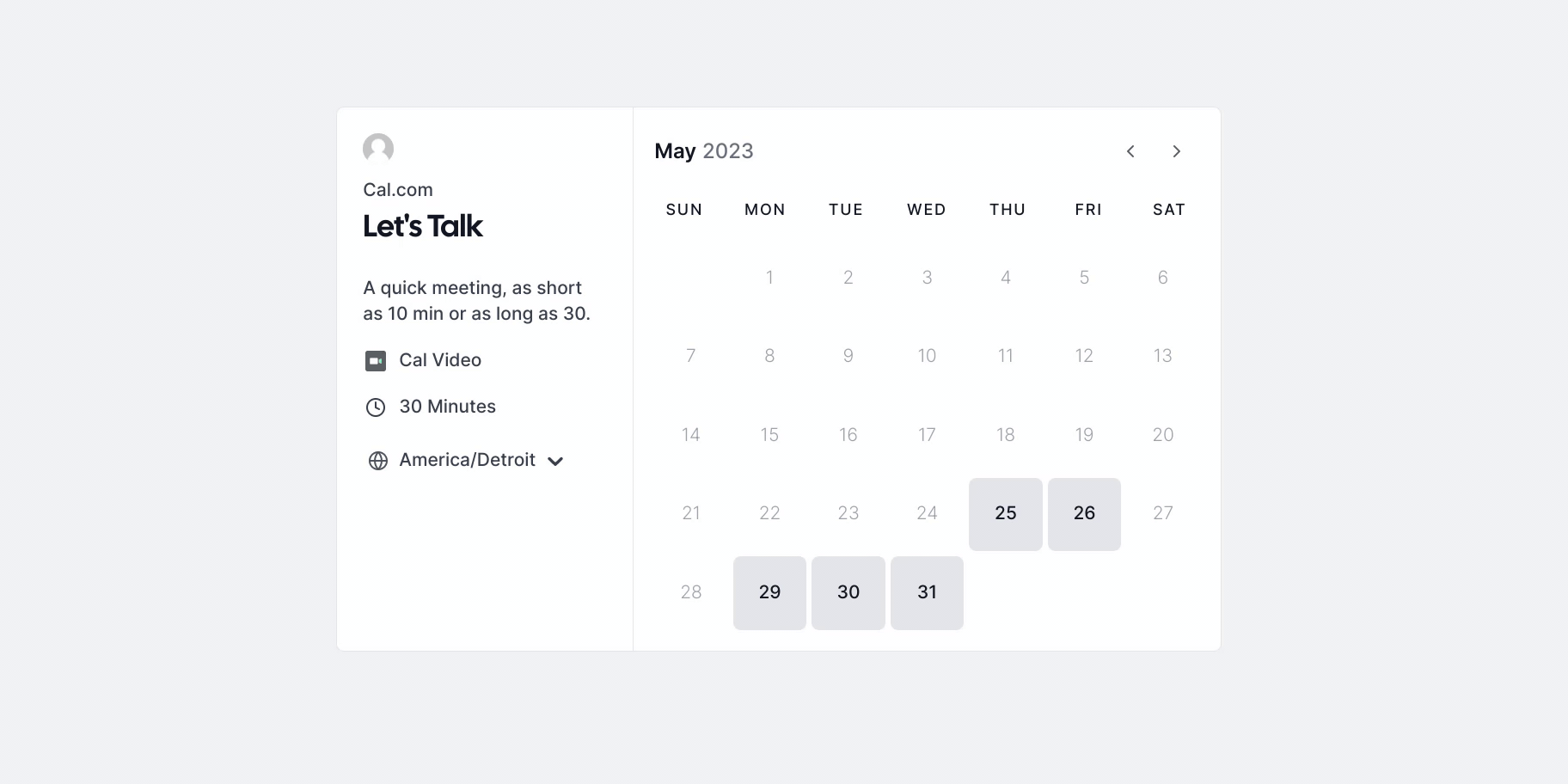 Screenshot of Cal.com booking calendar page