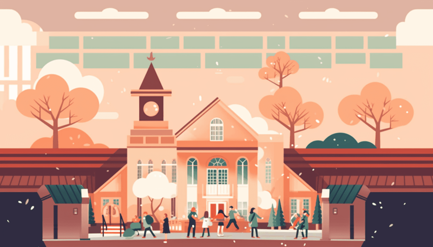 Illustration of a university campus with students