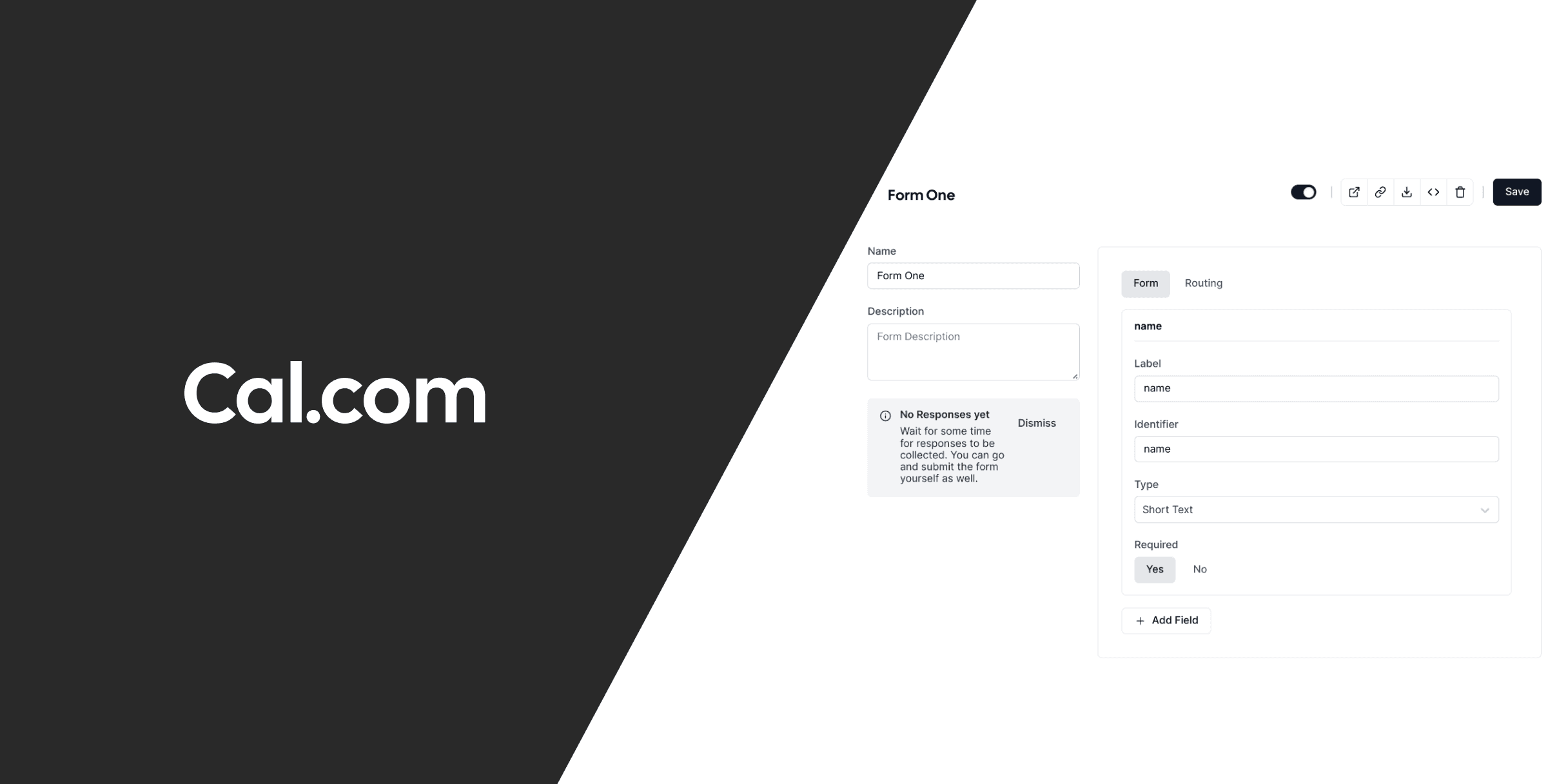 Cal.com routing form builder screenshot beside logo