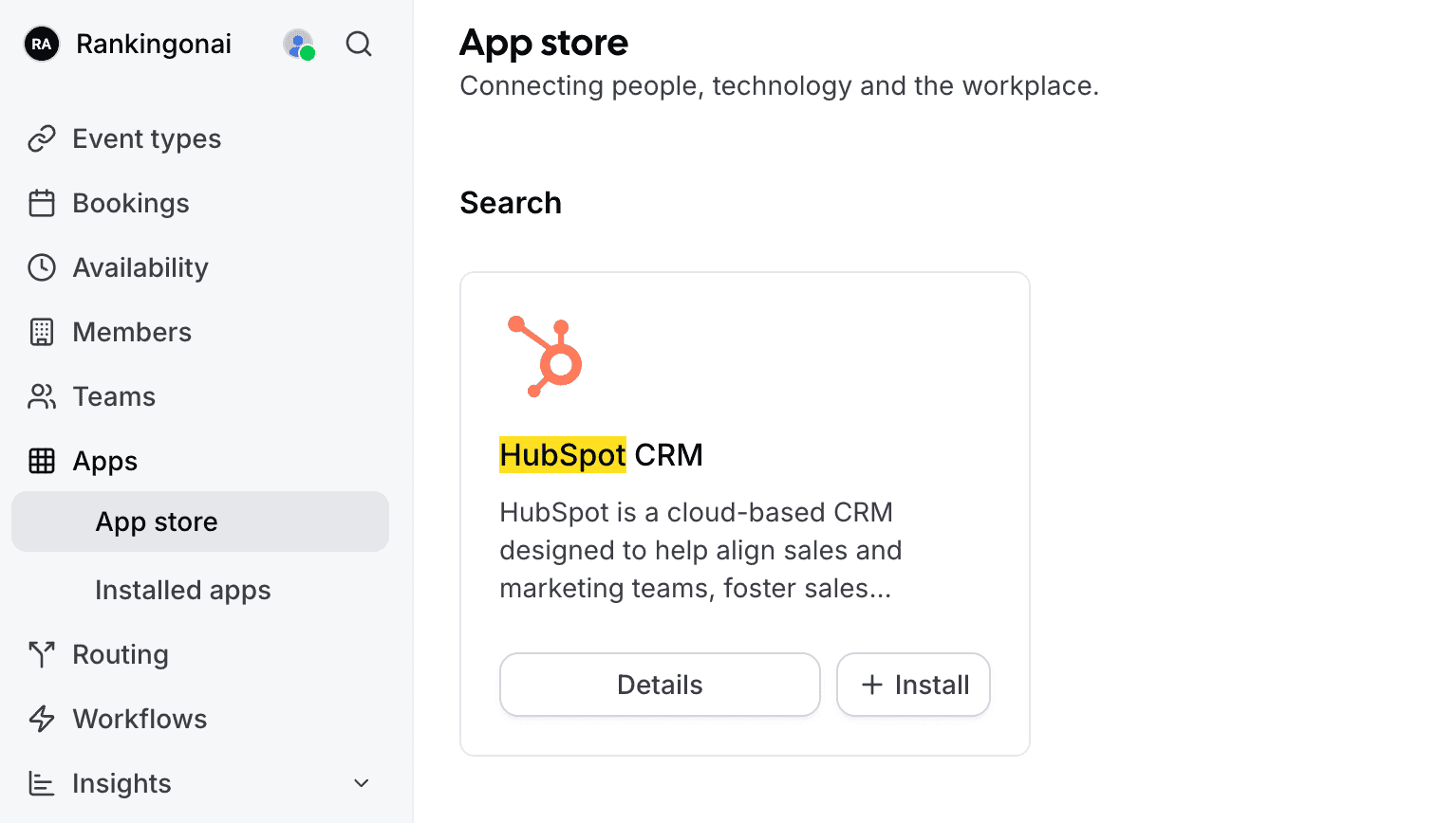 Cal.com App Store listing for HubSpot CRM