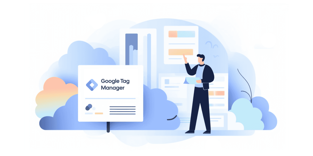 Illustration of man presenting Google Tag Manager panel