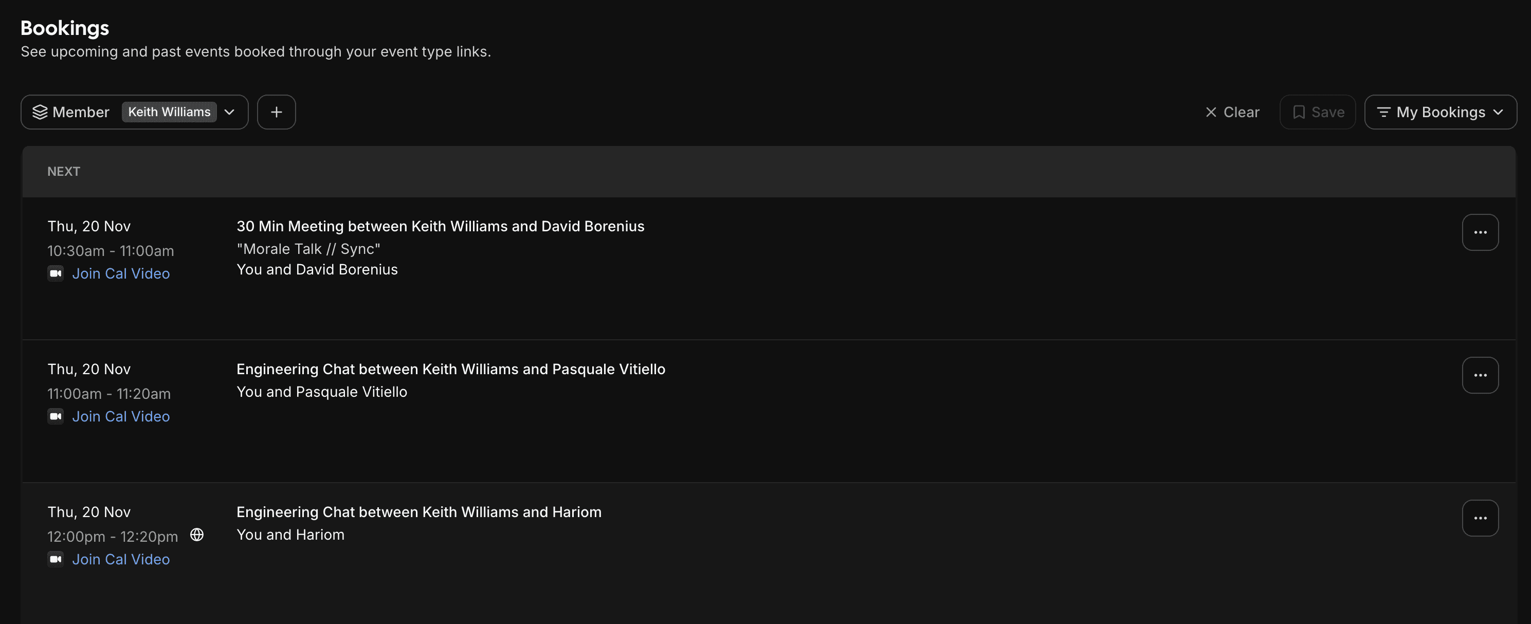 Screenshot of Cal.com bookings list in dark mode