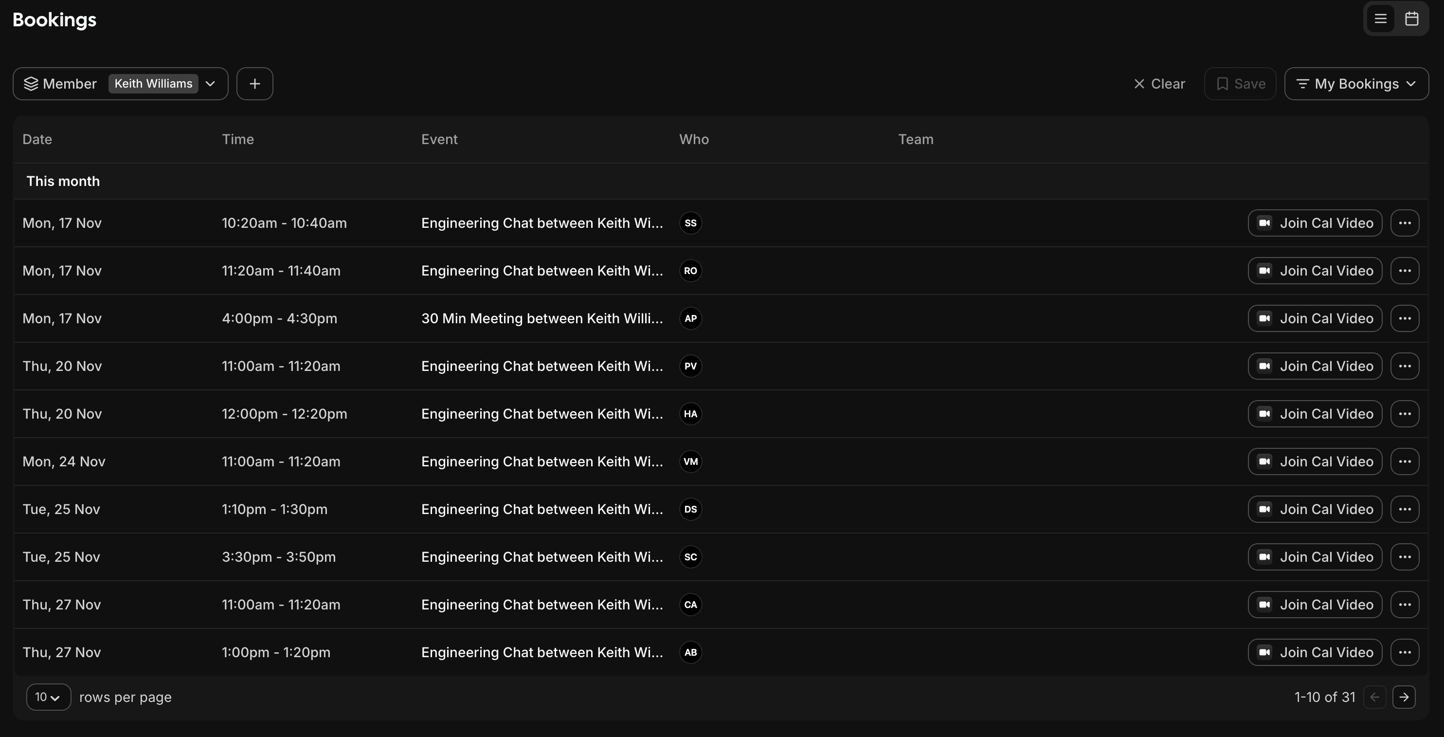 Cal.com dark mode bookings list view