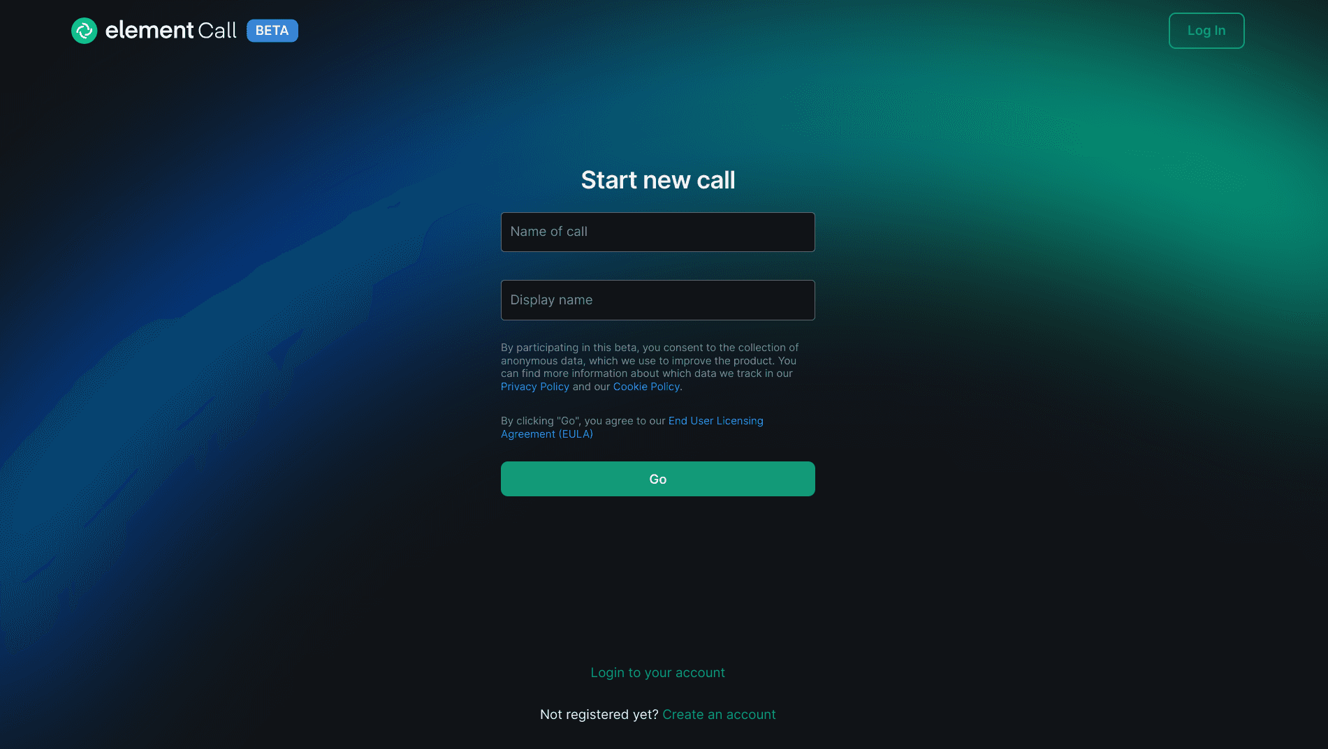 Element Call app start new call screen