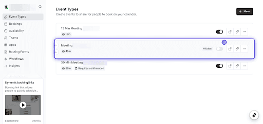 Screenshot of Cal.com event types list