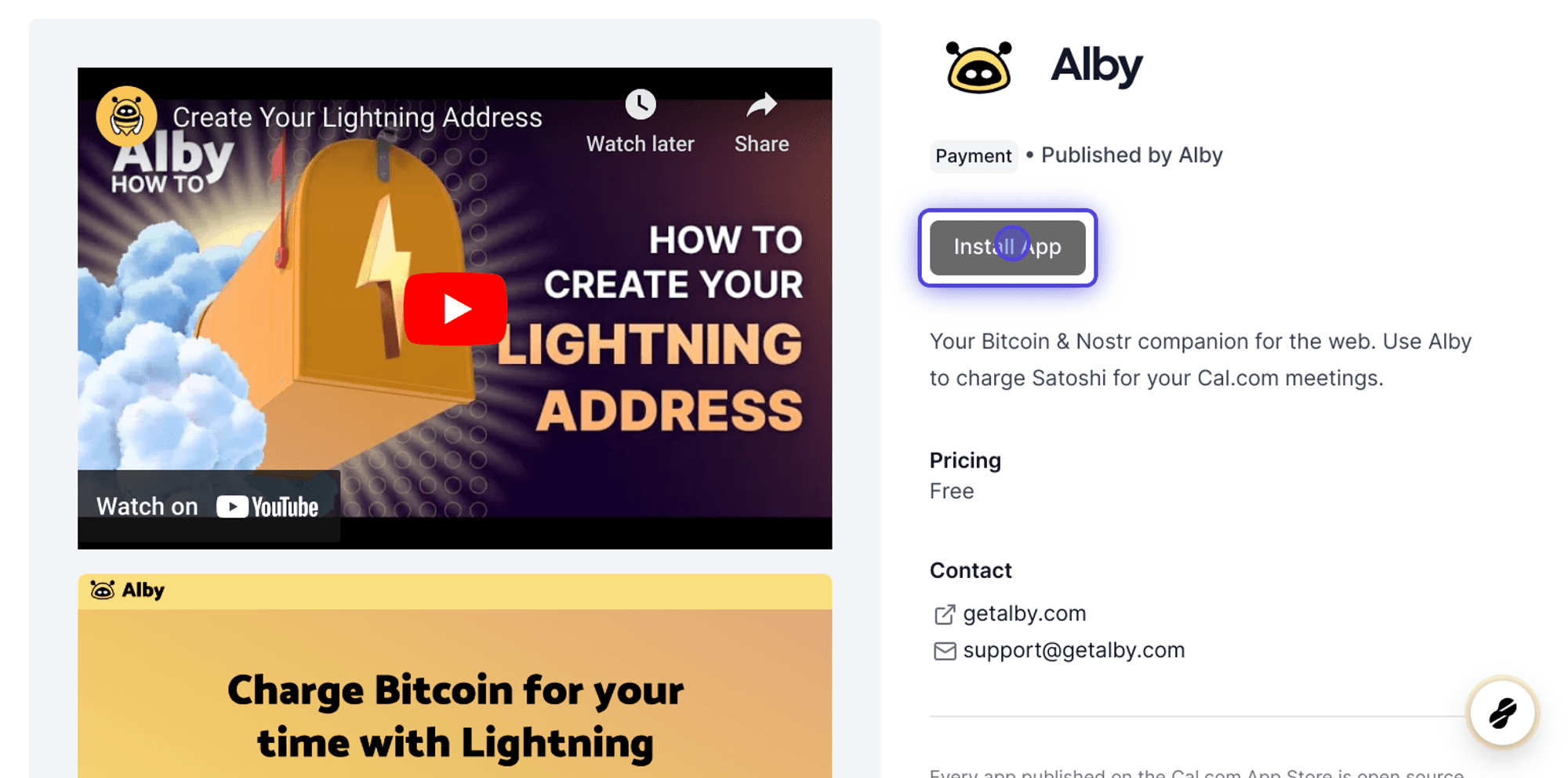 Alby app listing in Cal.com App Store