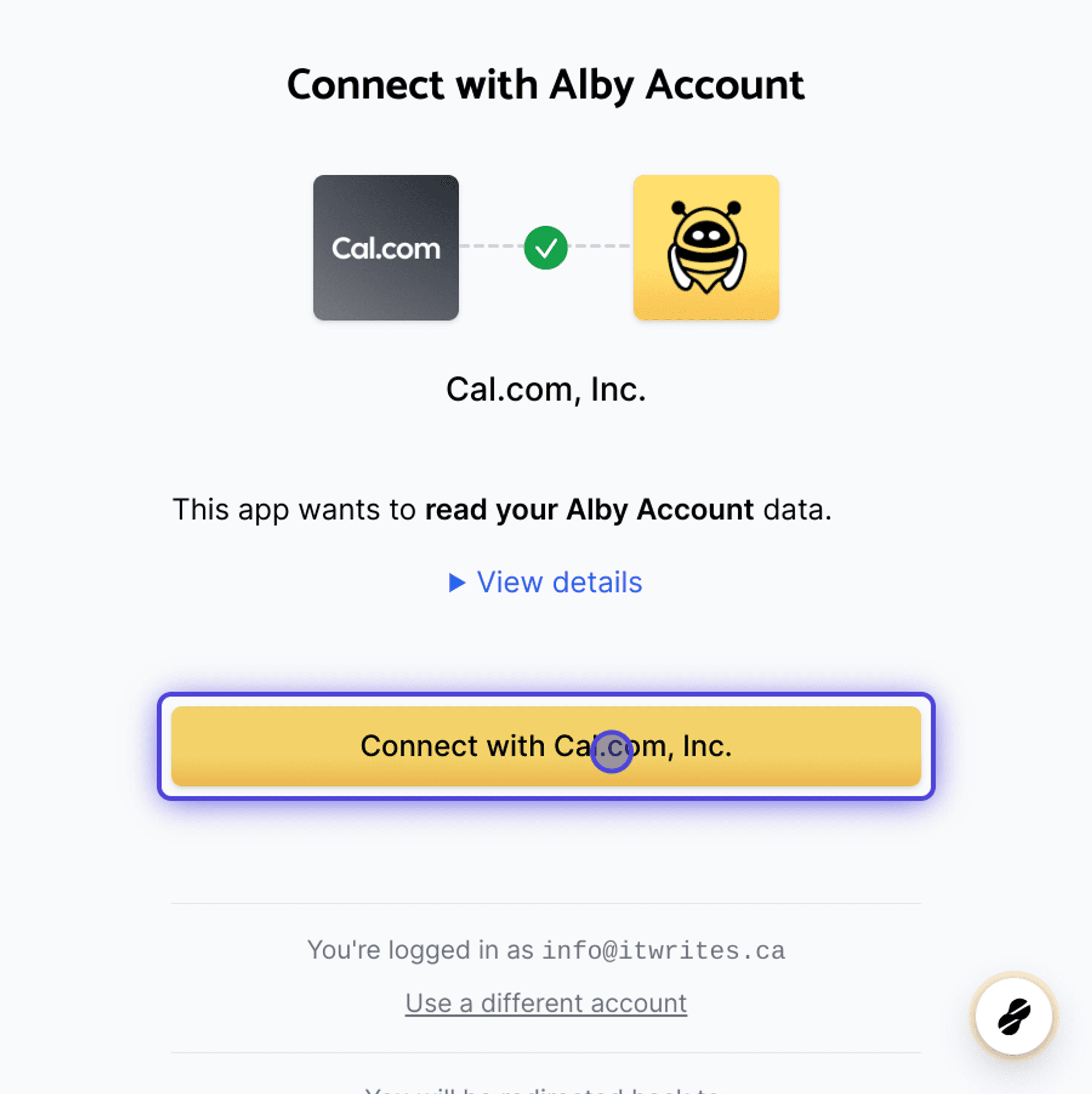 Screenshot of Alby account connection screen