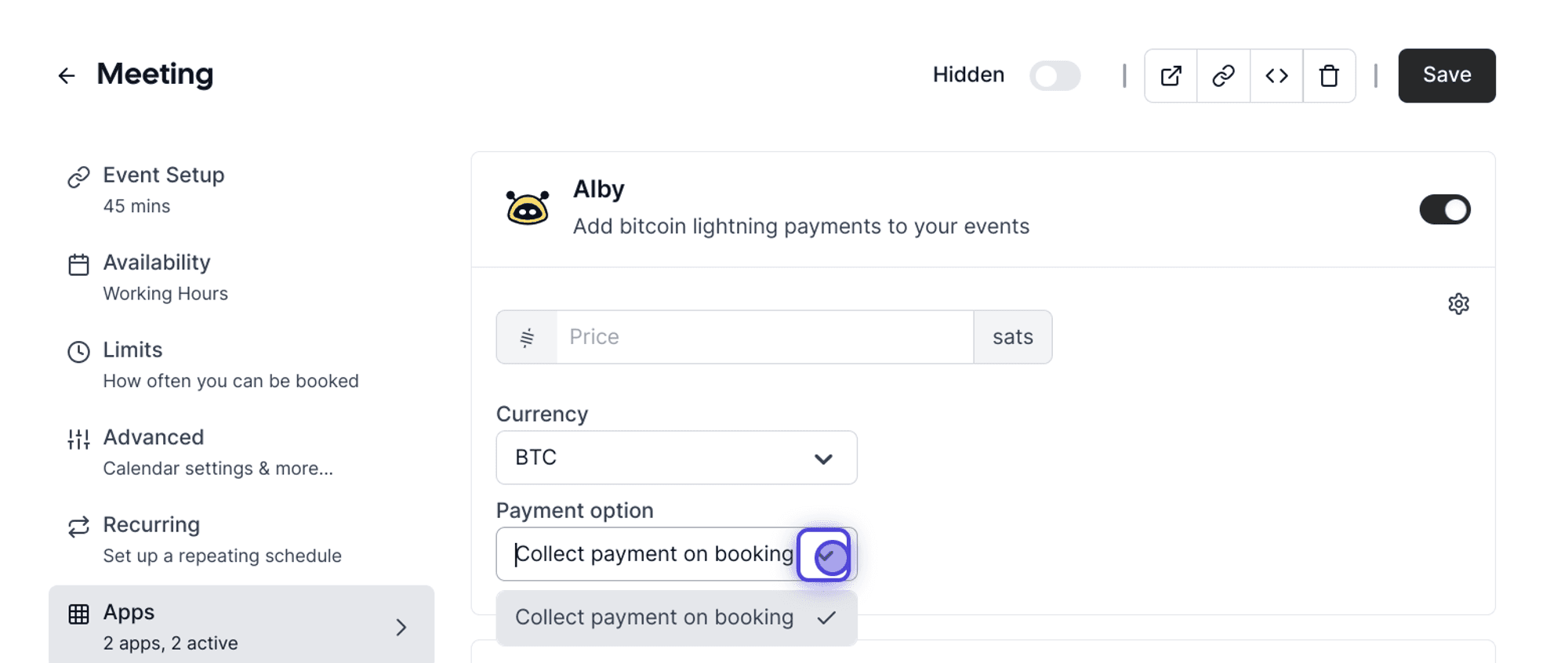 Cal.com event settings with Alby bitcoin payment app