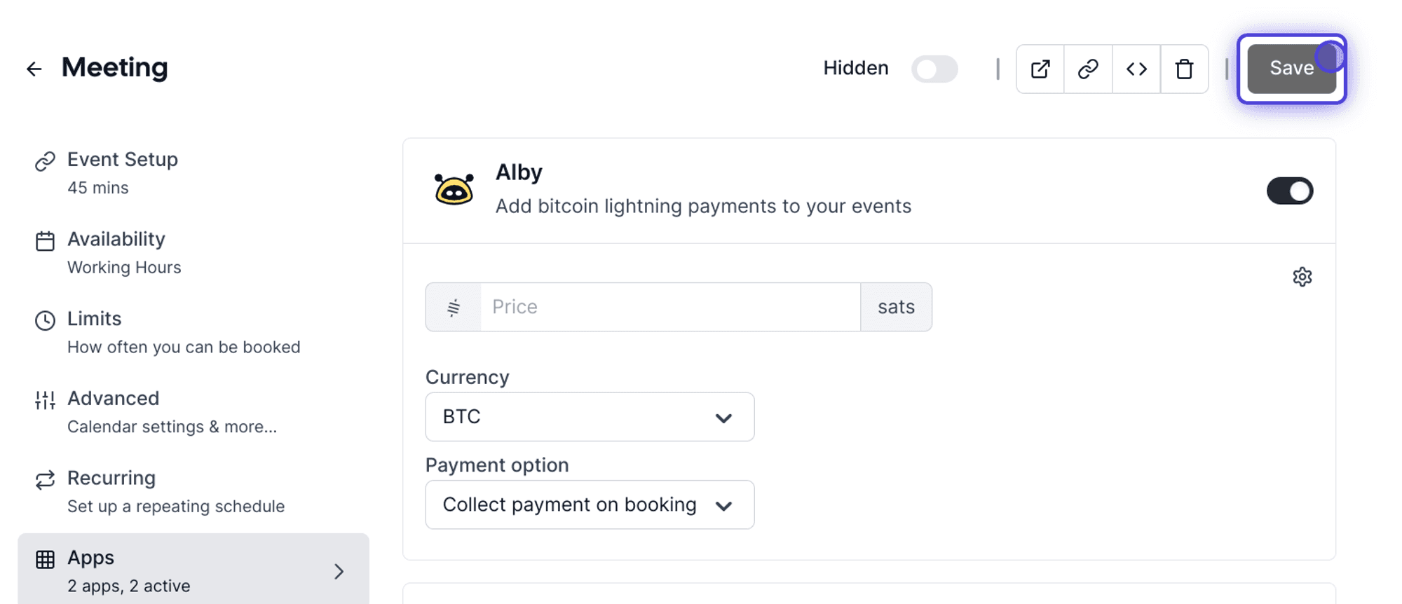 Cal.com Alby bitcoin payment app settings
