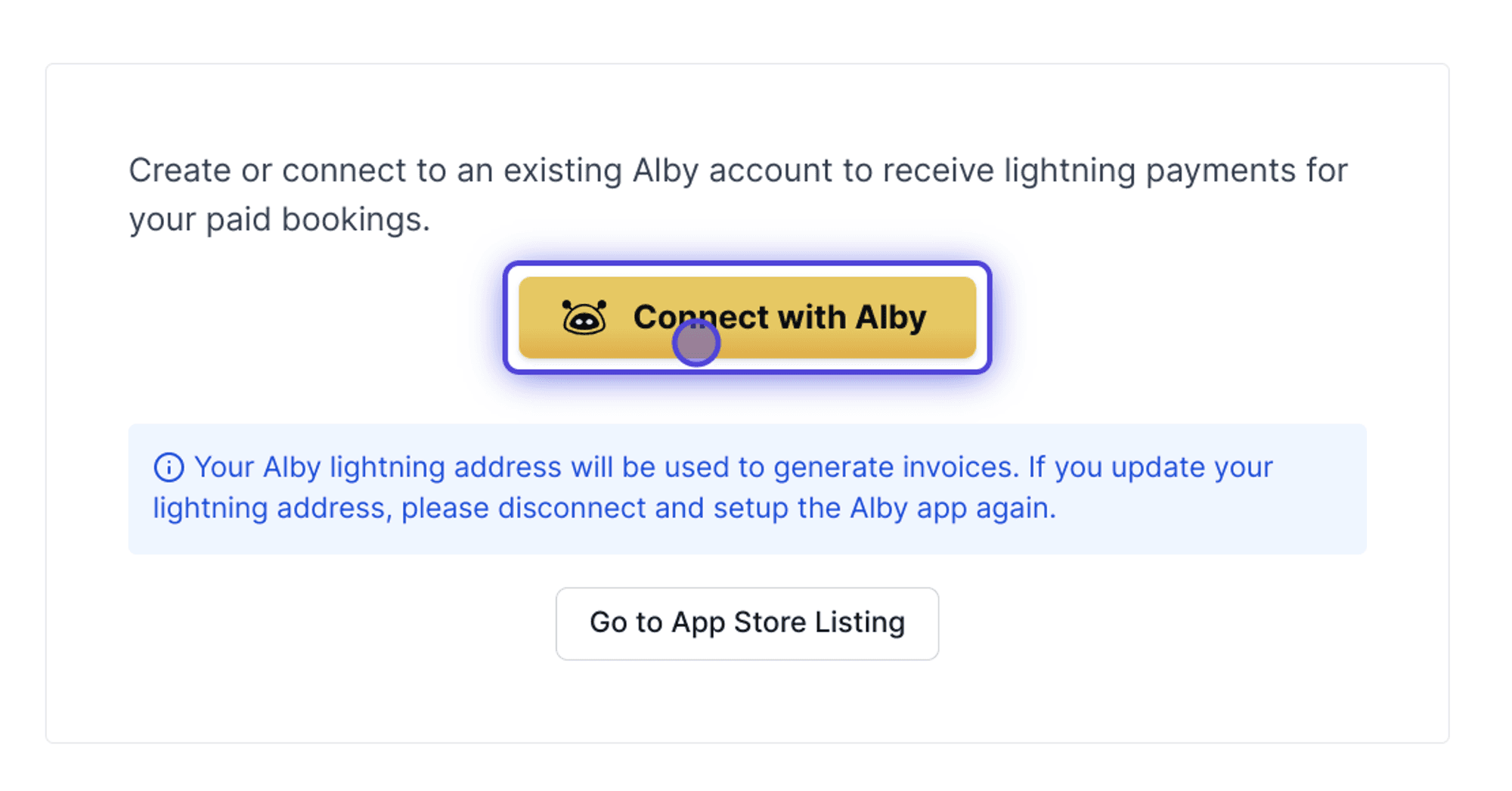 Cal.com Connect with Alby payment setup screen