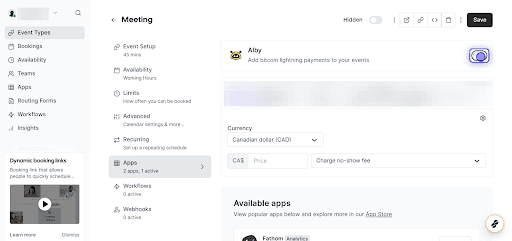 Cal.com event type apps tab with Alby