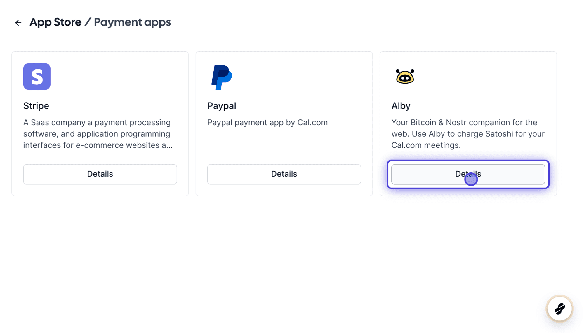 Cal.com payment apps store showing Alby