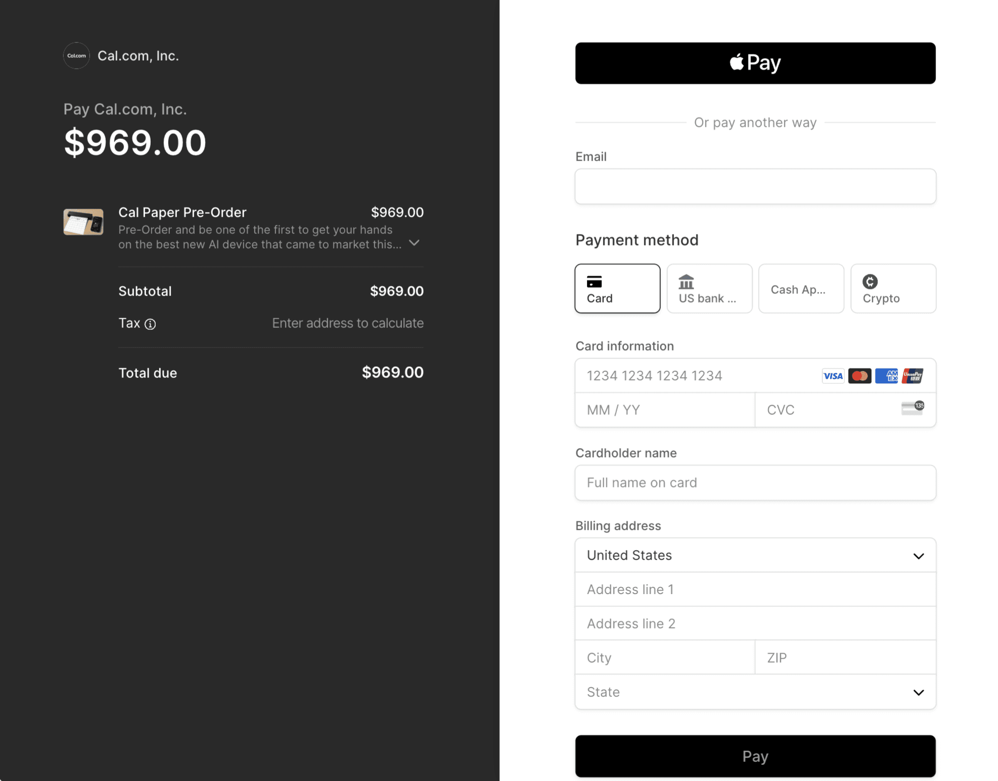 Apple Pay checkout screen for Cal Paper pre-order