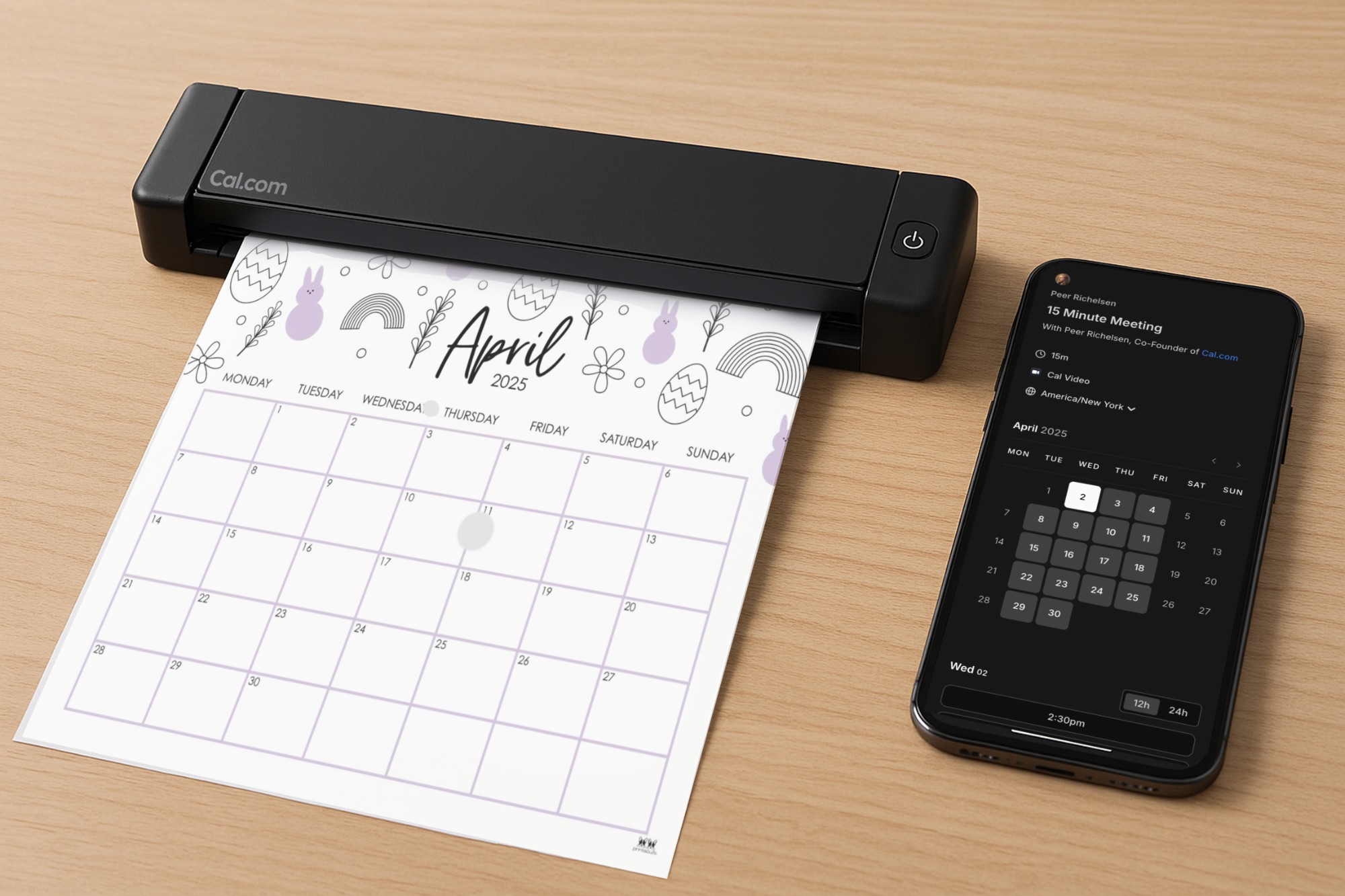 Cal Paper portable calendar printer beside a phone