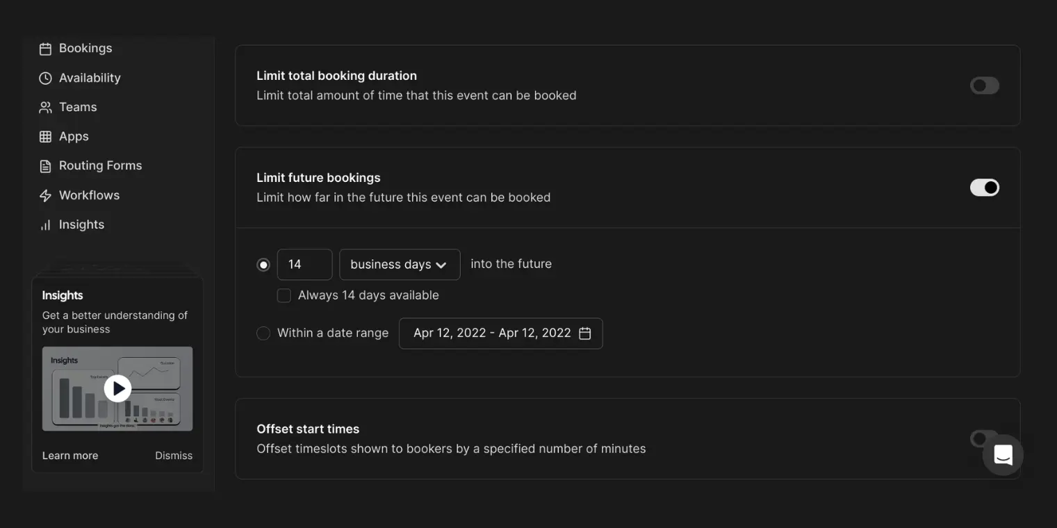 Cal.com event booking limits settings screen