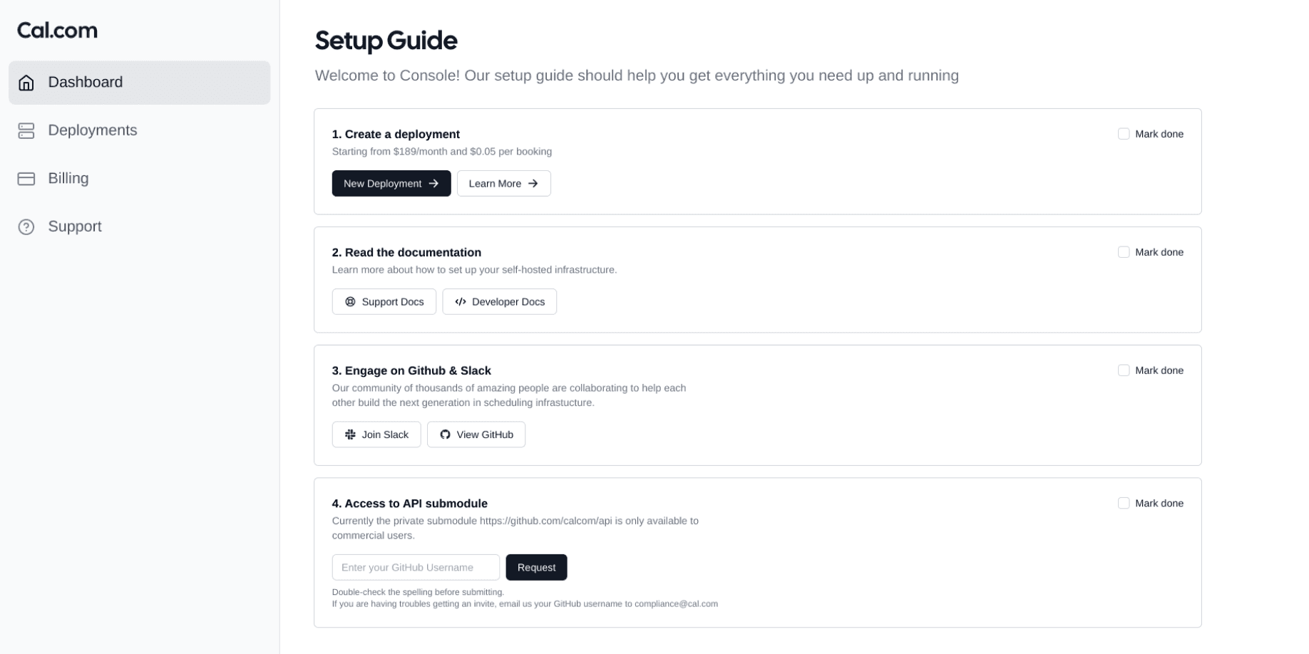 Screenshot of Cal.com console setup guide