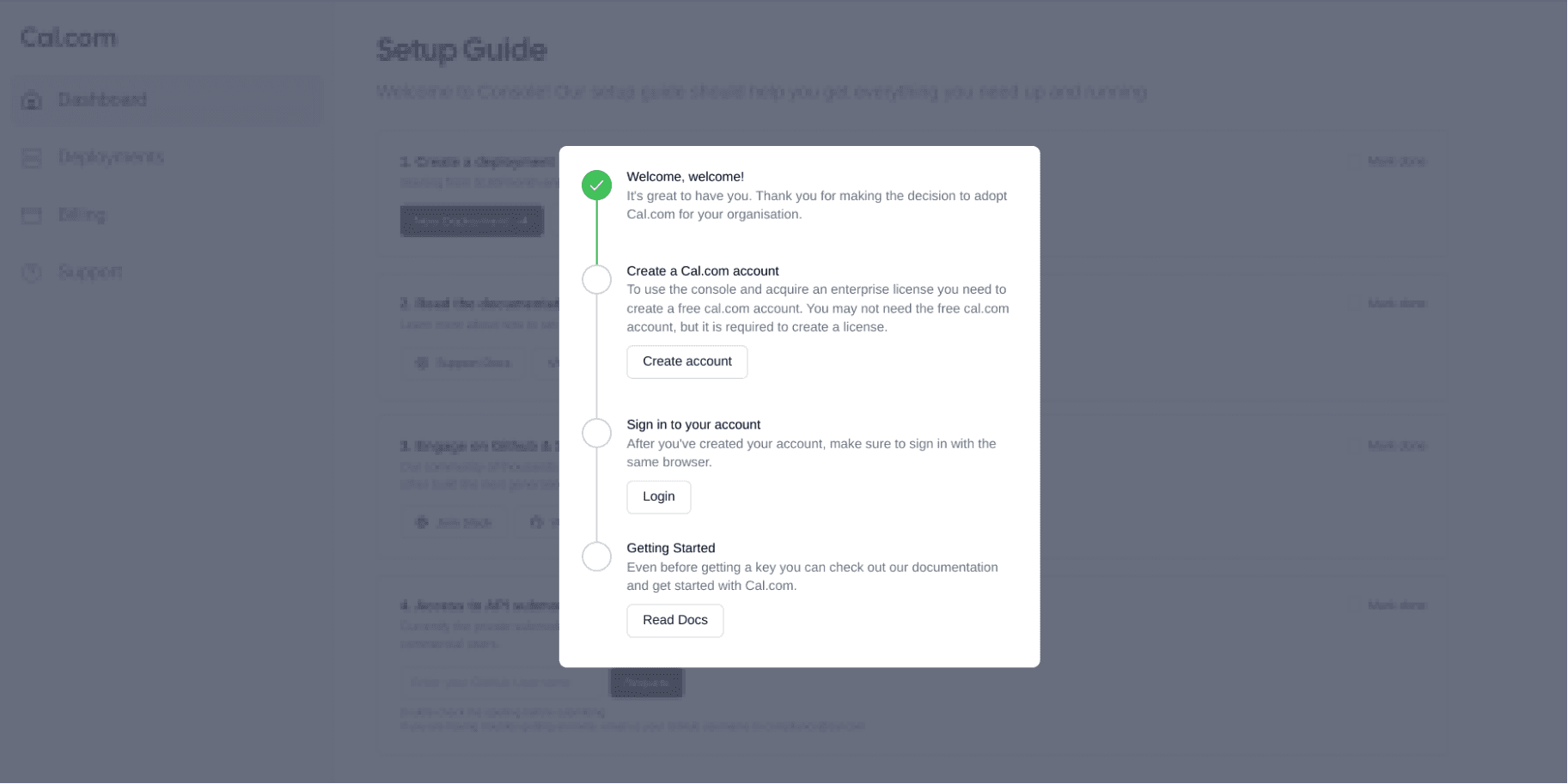 Screenshot of Cal.com console setup guide