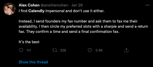 Tweet joking about faxing calendar availability instead of Calendly