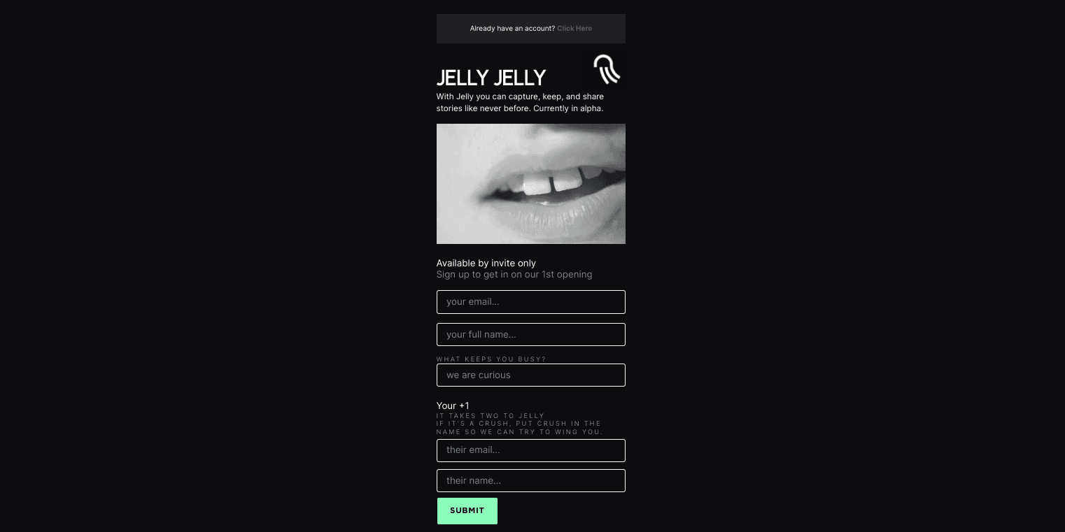 Jelly Jelly app invite-only signup page