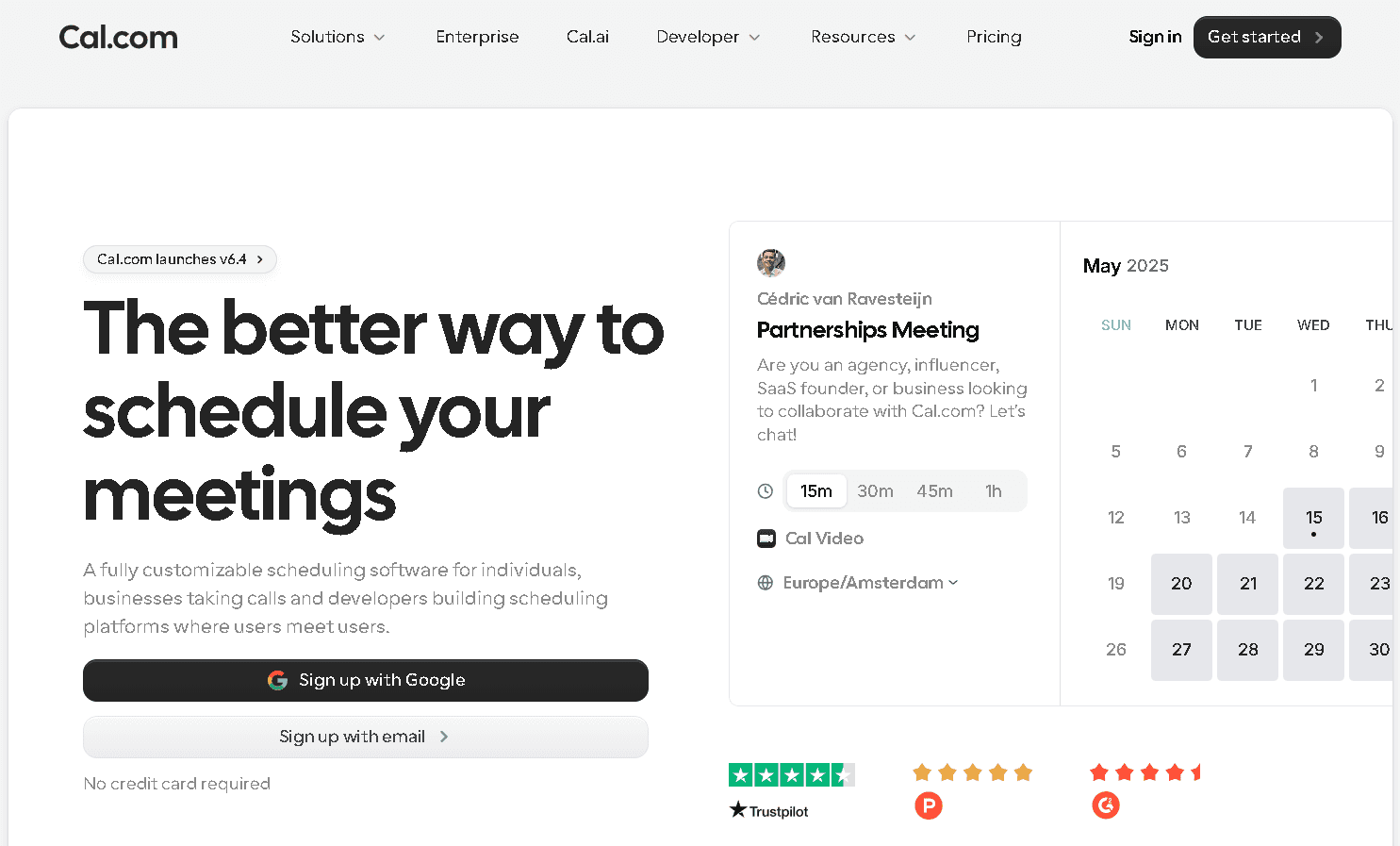 Cal.com homepage highlighting its clean user interface, featuring a customizable scheduling booking page with calendar availability, meeting duration options, and a 'Sign up with Google' call to action.