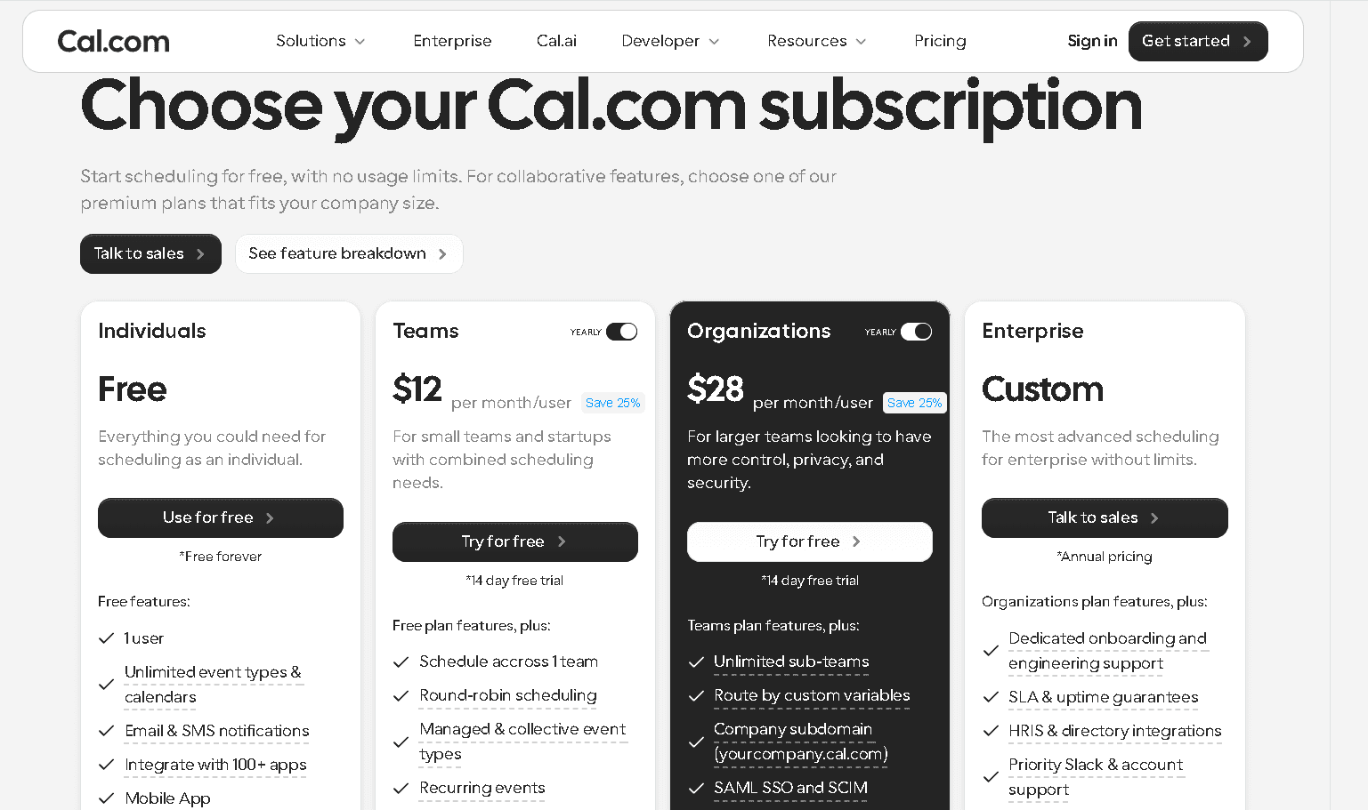 Cal.com subscription pricing page showing four plans: Free for individuals, Teams at $12 per month, Organizations at $28 per month, and a custom Enterprise plan, each listing key features like unlimited event types and round-robin scheduling.