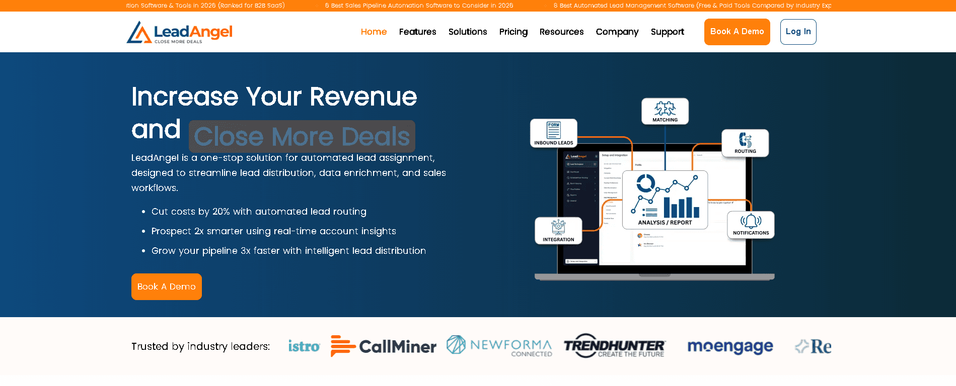 LeadAngel homepage showing its automated lead assignment dashboard and features including data enrichment, real-time account insights, and intelligent lead distribution for sales workflows.