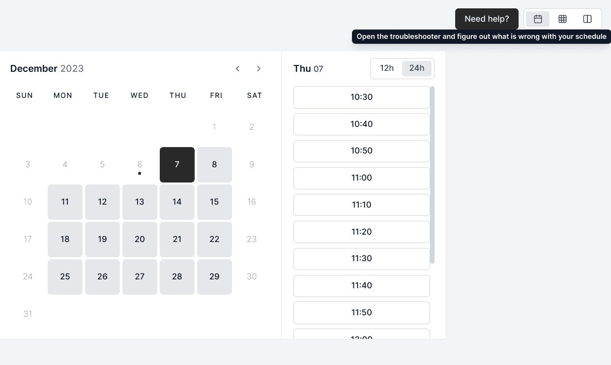 Cal.com troubleshooter calendar view screenshot
