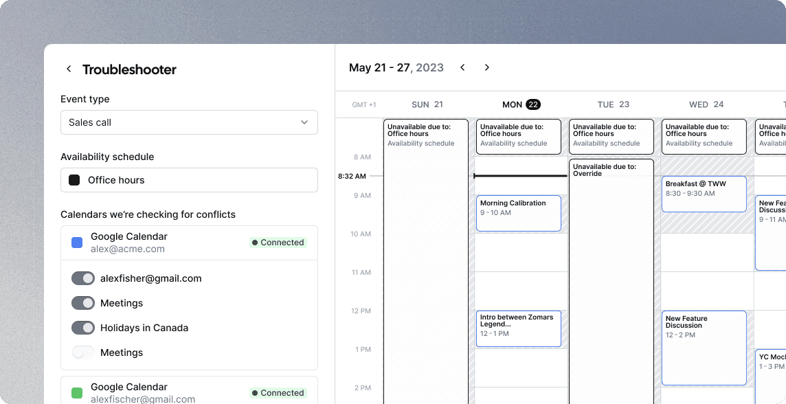 Cal.com troubleshooter view with weekly calendar and calendar sync list