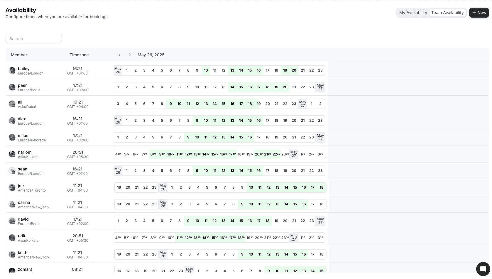 Cal.com team availability calendar grid