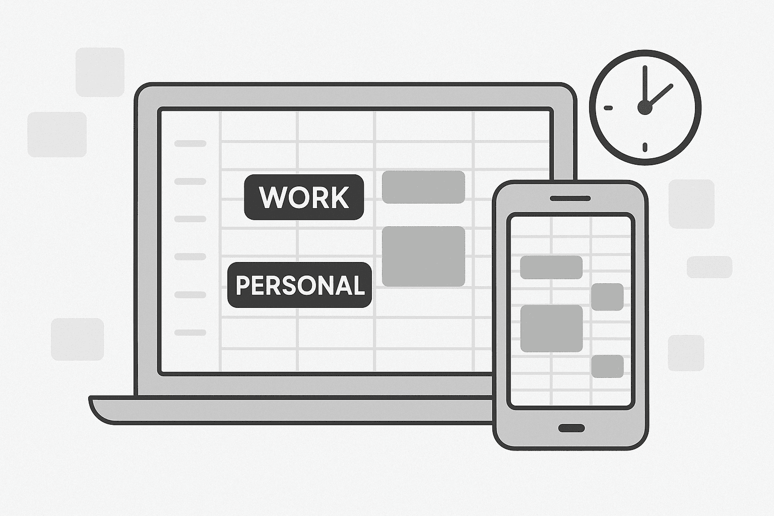 Illustration of laptop and phone with work and personal calendars