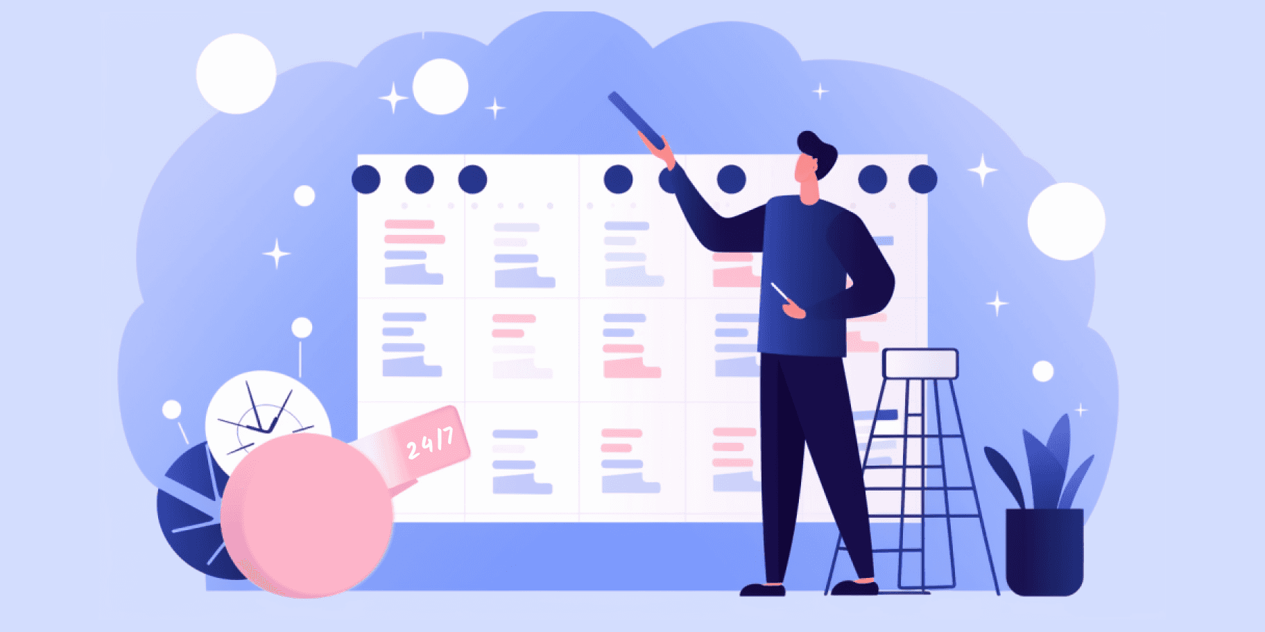 Illustration of a man pointing at a calendar schedule board