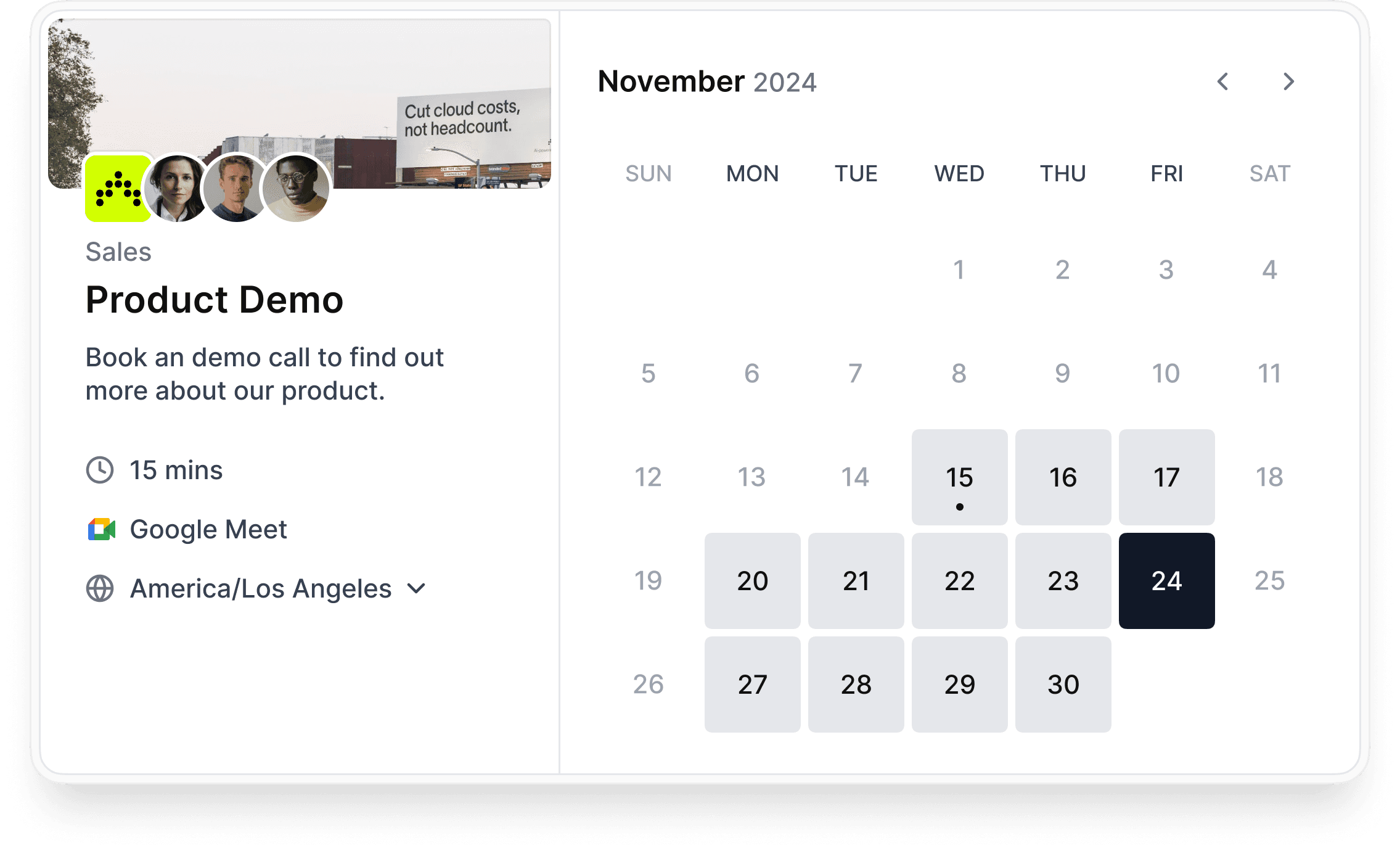 Cal.com product demo booking page with calendar
