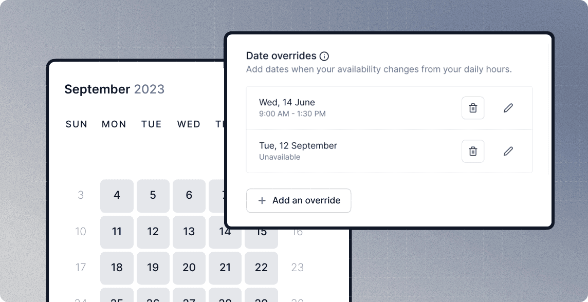 Cal.com date overrides panel over a calendar view