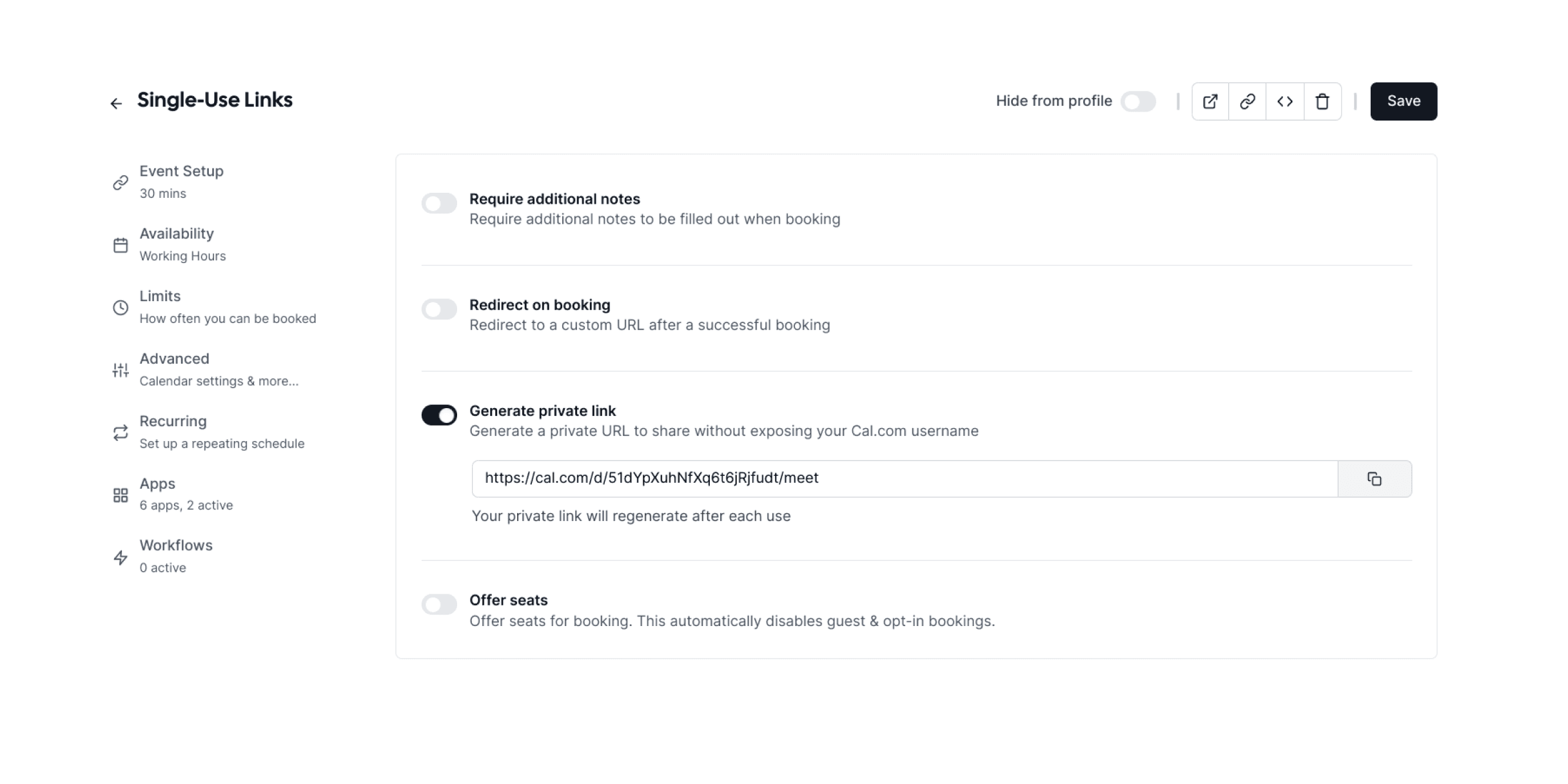 Screenshot of Cal.com single-use link settings