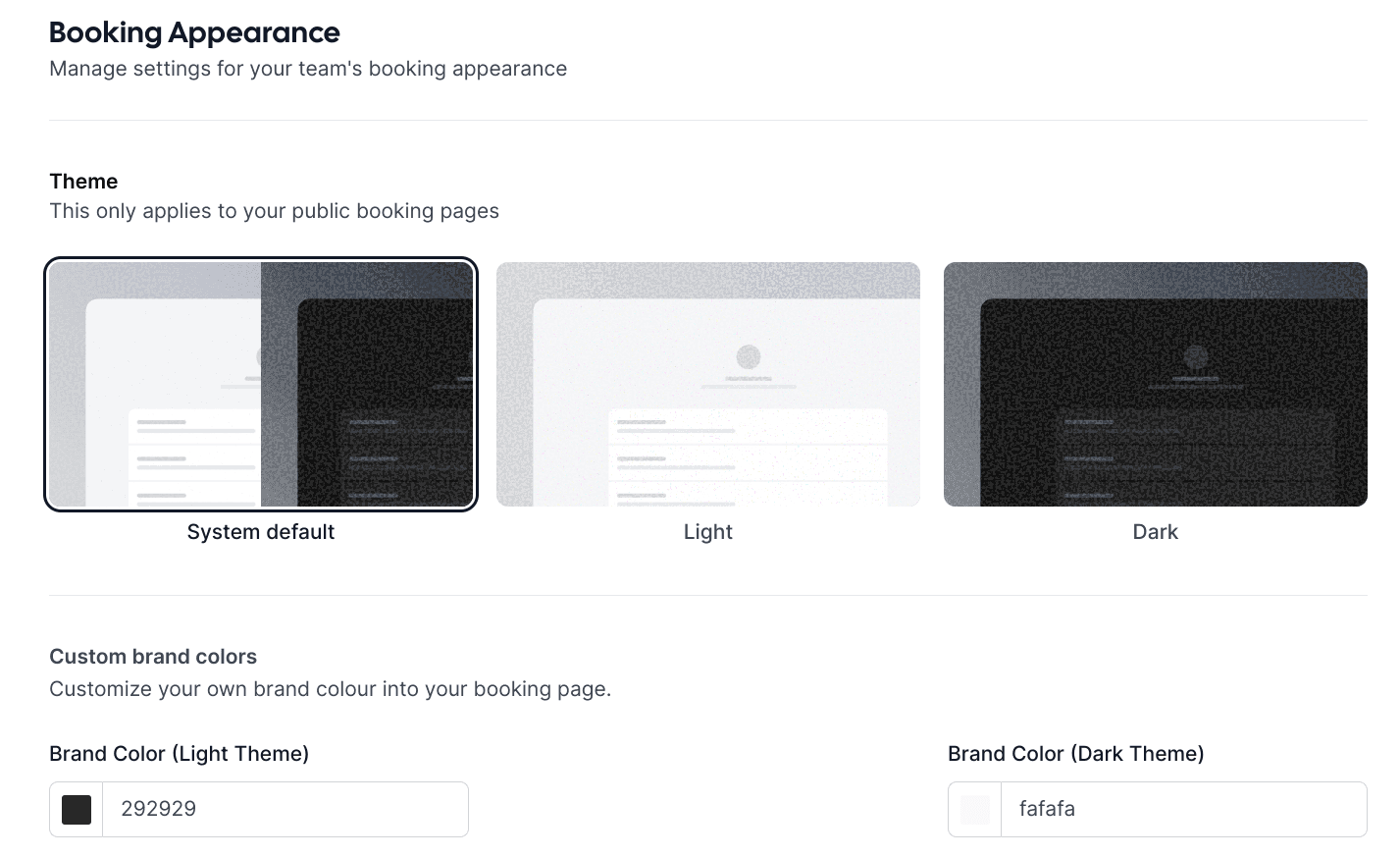 Cal.com booking appearance theme settings