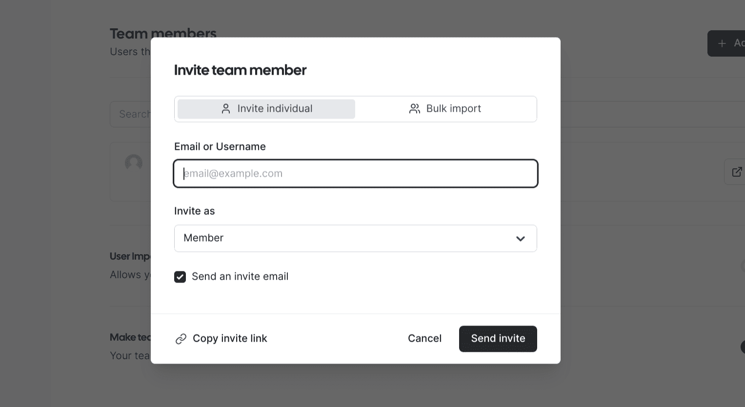 Cal.com invite team member dialog