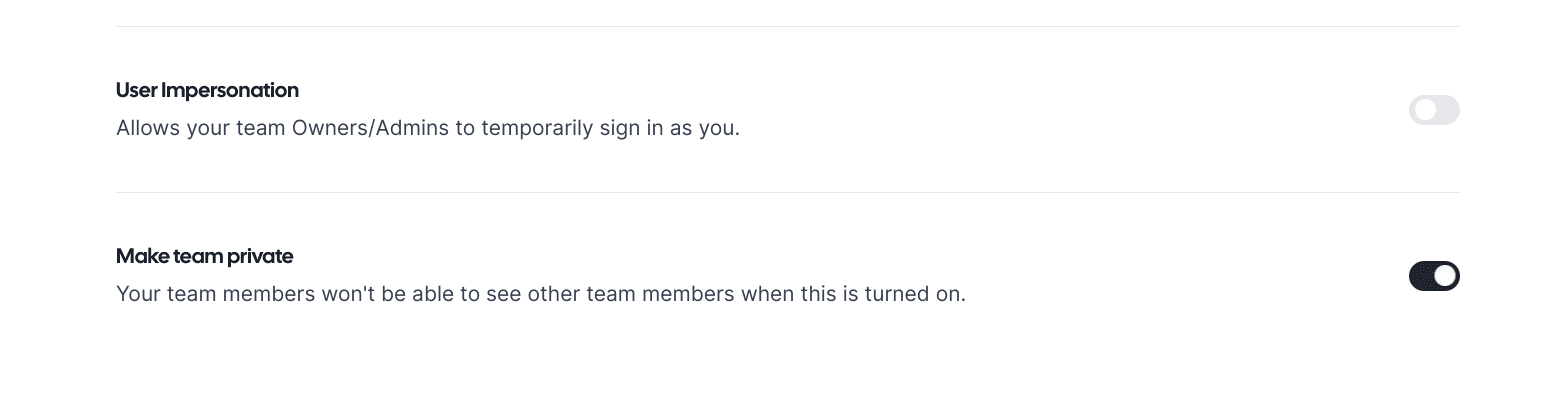 Cal.com team privacy and impersonation settings