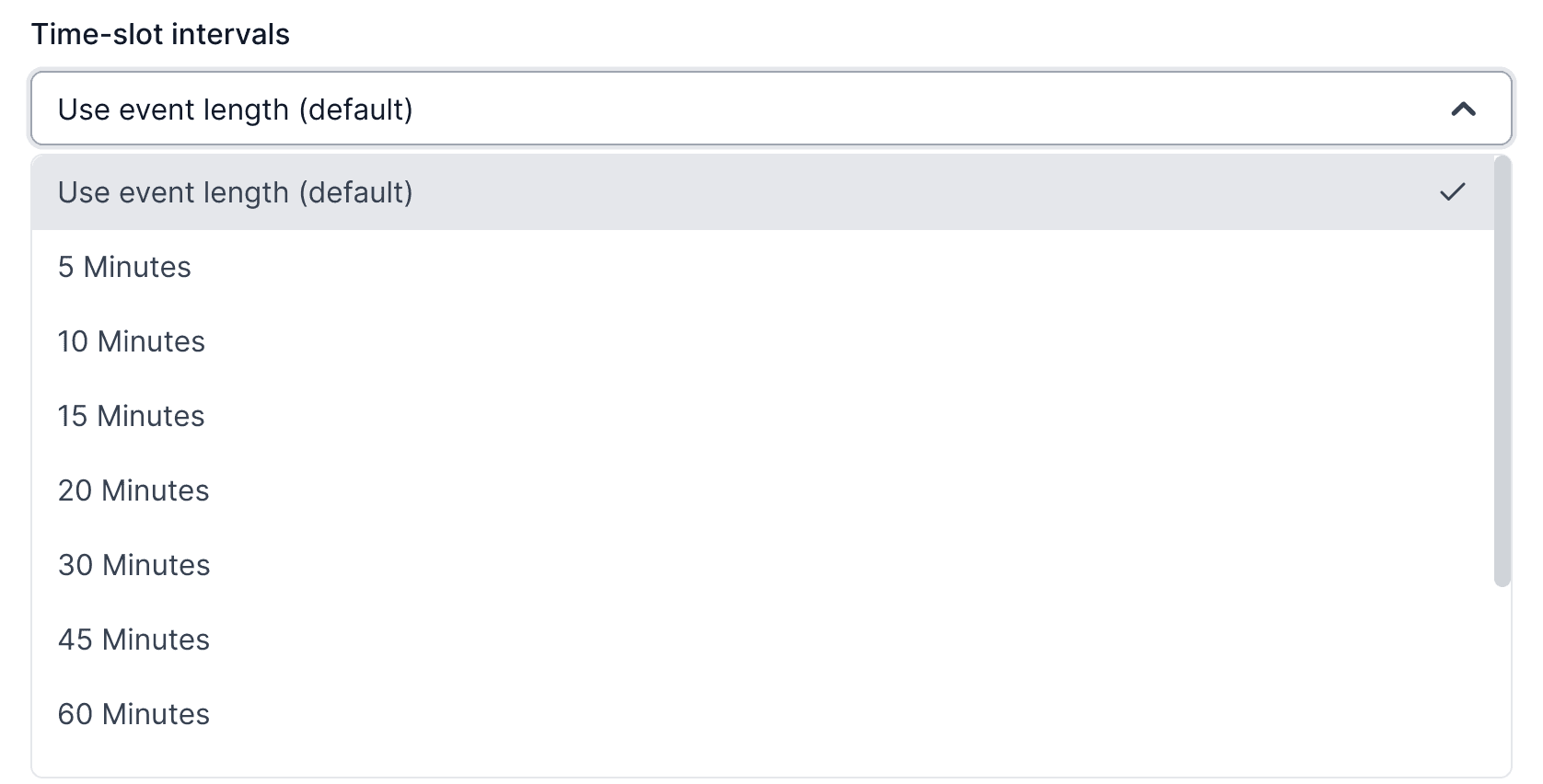 Cal.com time-slot interval dropdown menu
