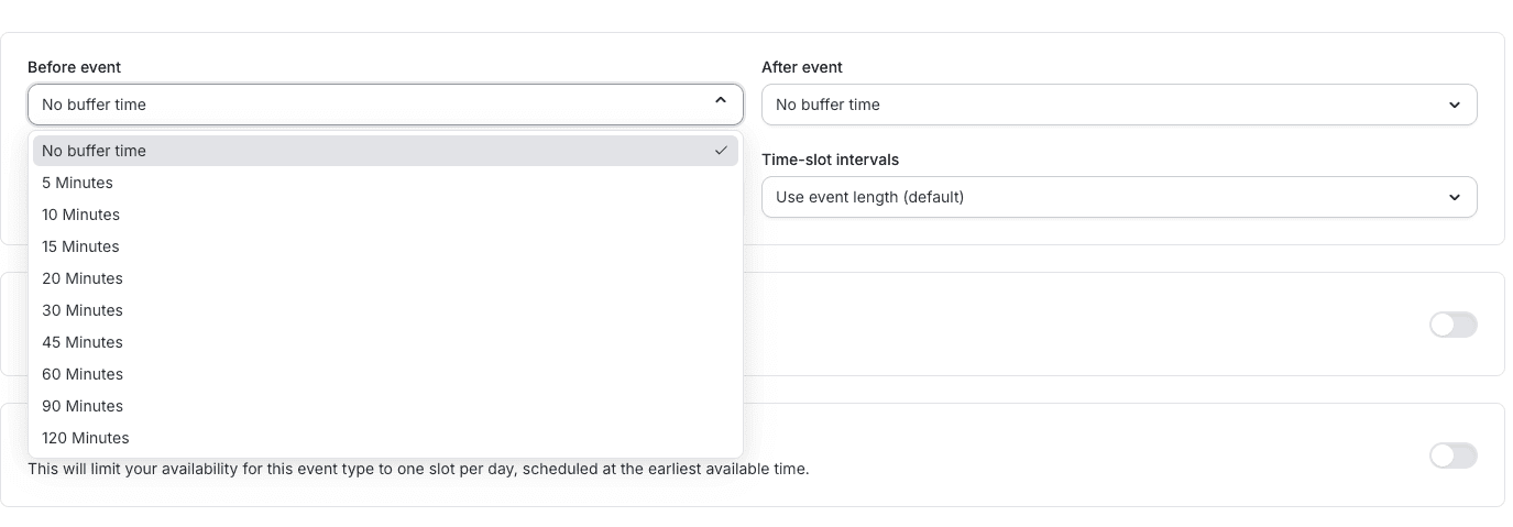 Cal.com buffer time dropdown menu