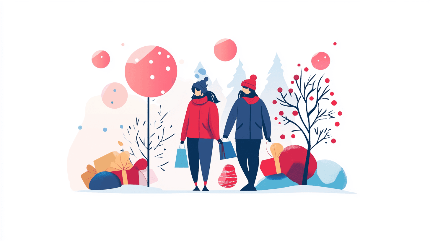 Illustration of two people walking with holiday gifts