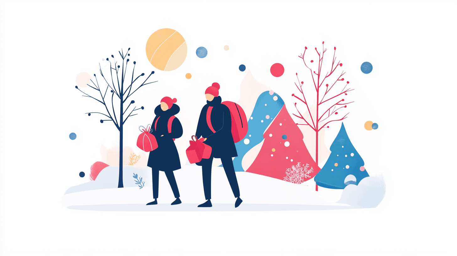 Illustration of two people walking with holiday gifts