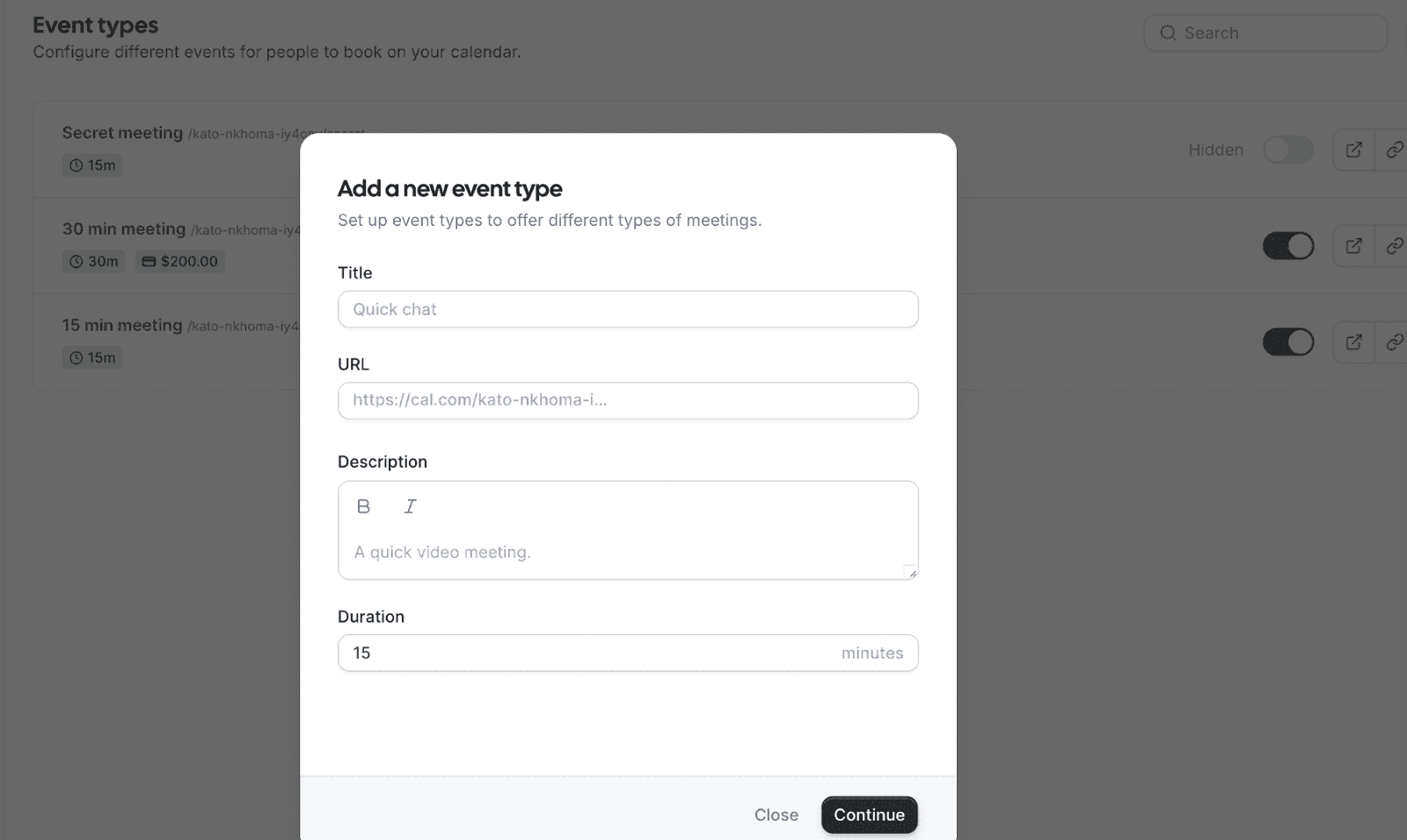 Creating an event in Cal.com
