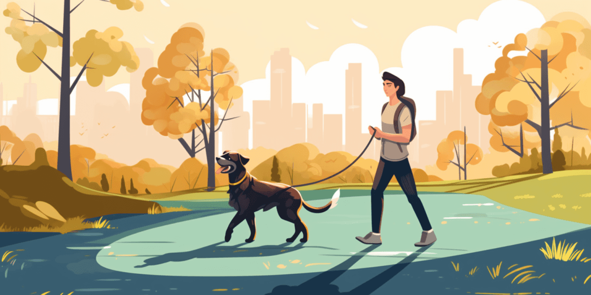 Illustration of a person walking a dog in a park